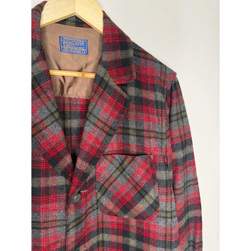 Vintage 60s 70s Pendleton Wool Blazer Mens Small Red Plaid 3 Button Patch Pocket